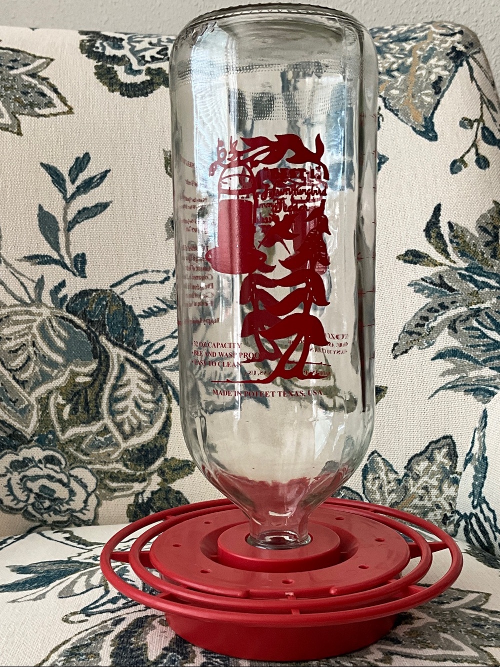 Red Glass Hummingbird Feeder with Red Base 32 ounce filled